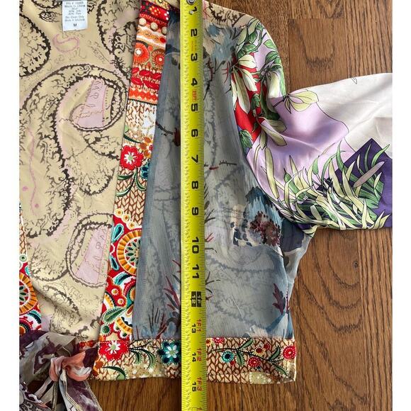 Froxx Overlay Silk Top Size M Bell Sleeve Floral Tie Front Multi Fabric Classy - Picture 6 of 7